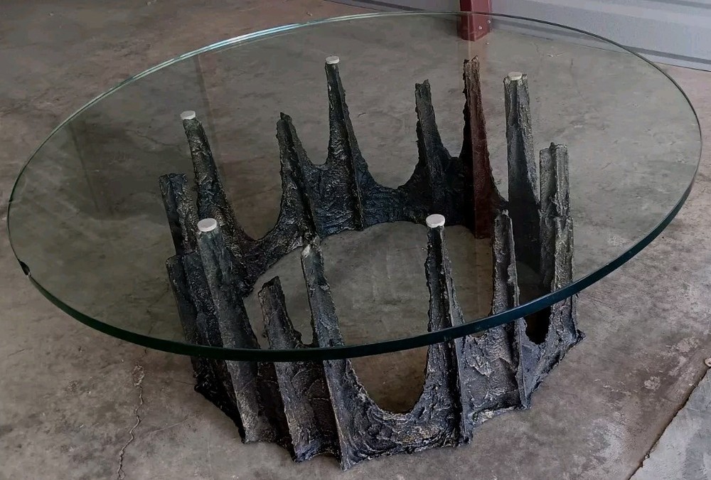 MCM BRUTALIST PAUL EVANS ABSTRACT BRONZE SCULPTURE BASE 42"GLASSTOP COFFEETABLE