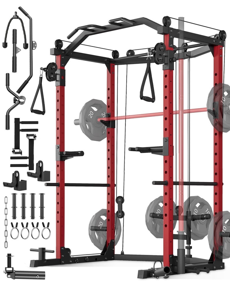 Power Cage Multi-Function Squat Rack for Home Gym w/Pulley Cable System ,Dip Bar