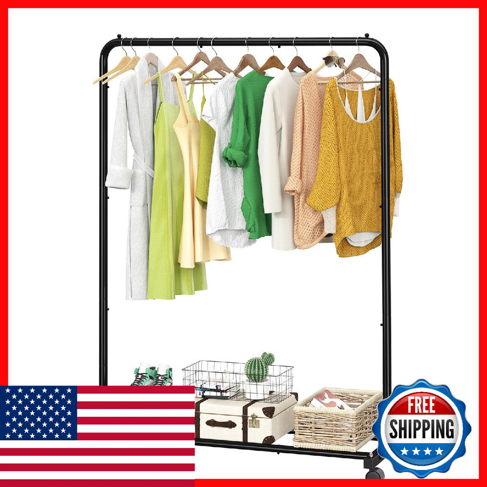 Simple Trending Rolling Garment Rack w/ Storage Shelves - Black