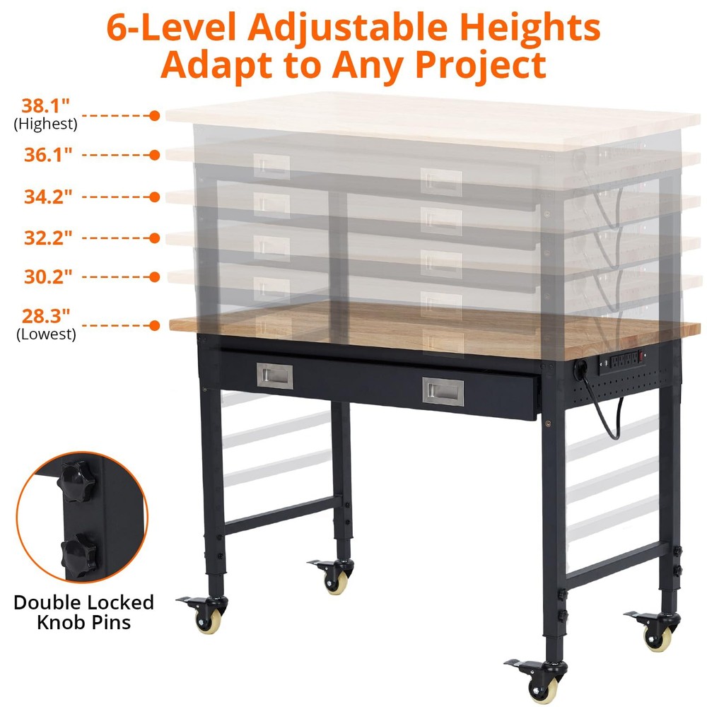 Adjustable Workbench 48"x24" Heavy-Duty Garage Worktable w/Power Outlet ,Wheels