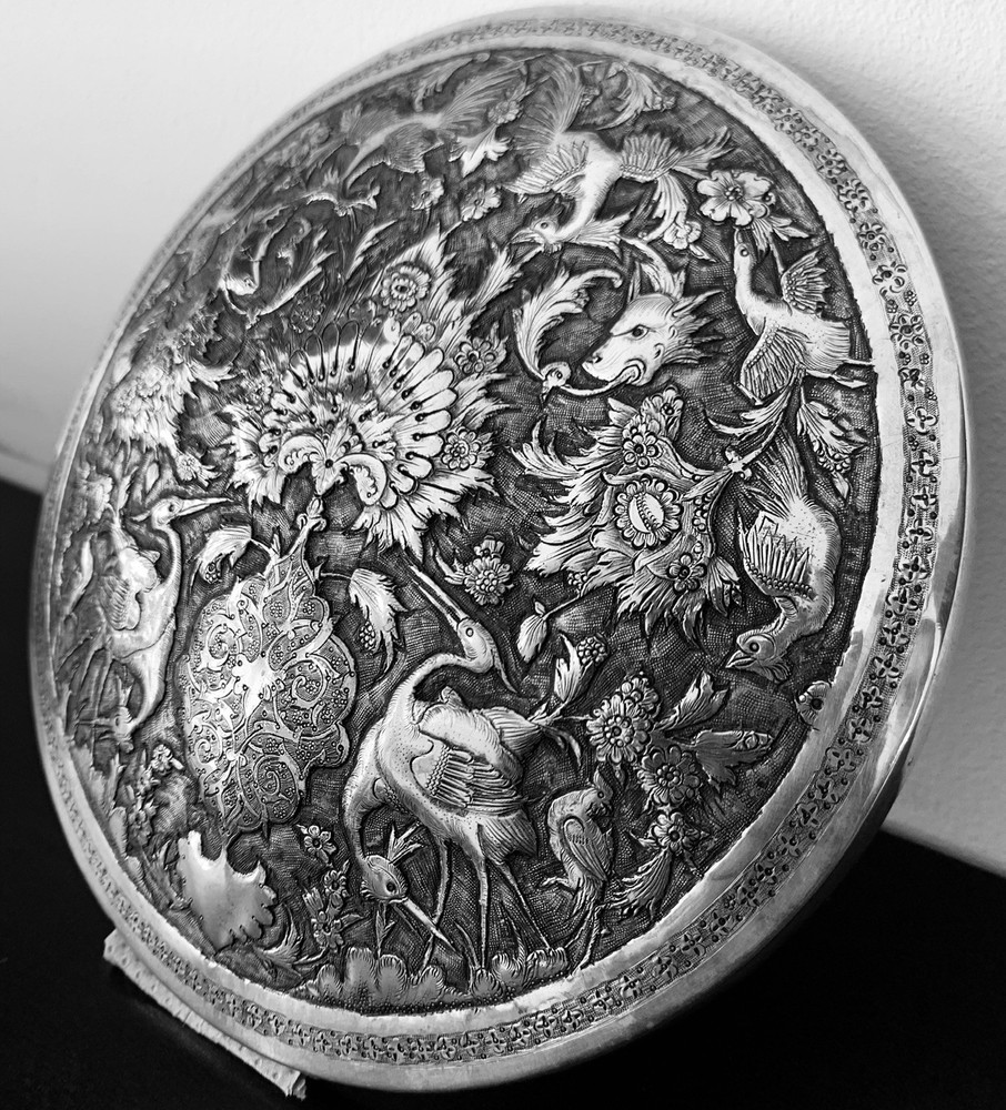 Antique hand engraved persian islamic arabic solid silver round box 520g