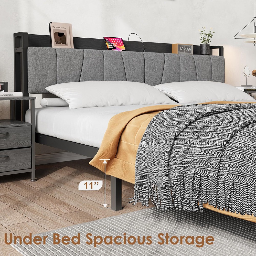 Full Size Bed Frame W/Storage Headboard Industrial Full Platform Bed W/2 Drawe