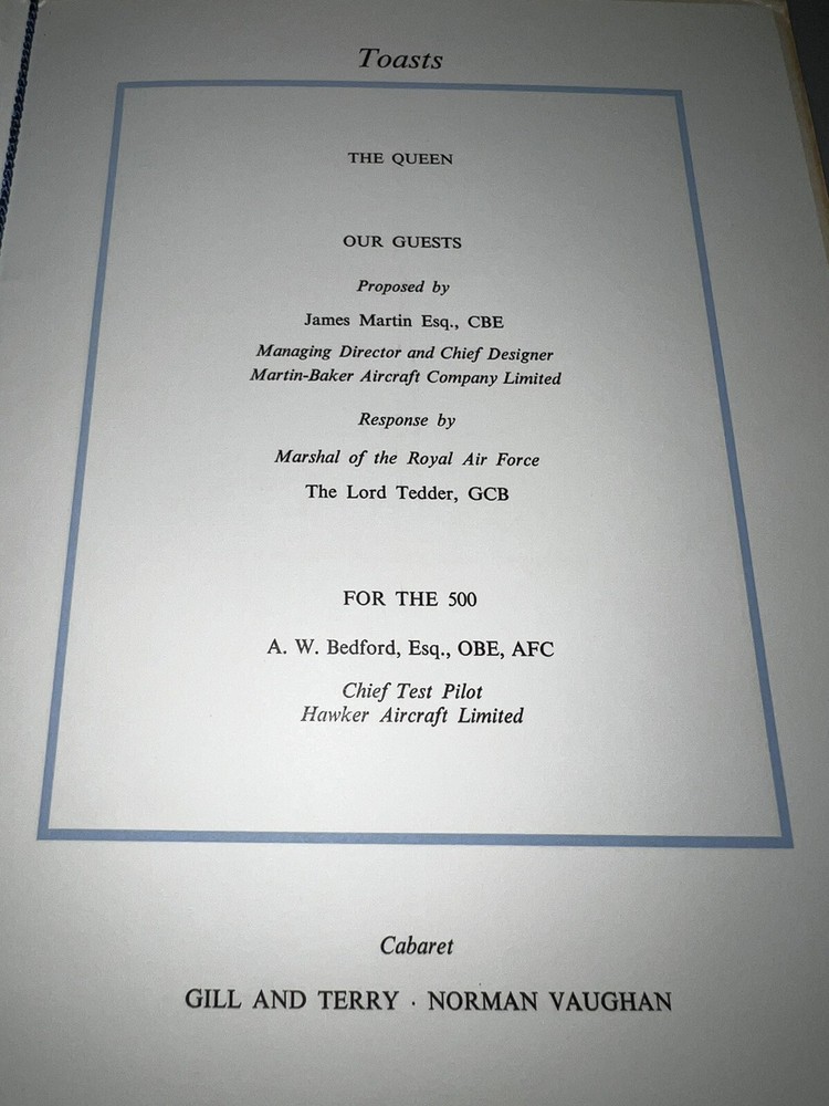 Martin Baker Aircraft 1962 Dinner & Dance Program Ejection Seat Celebration