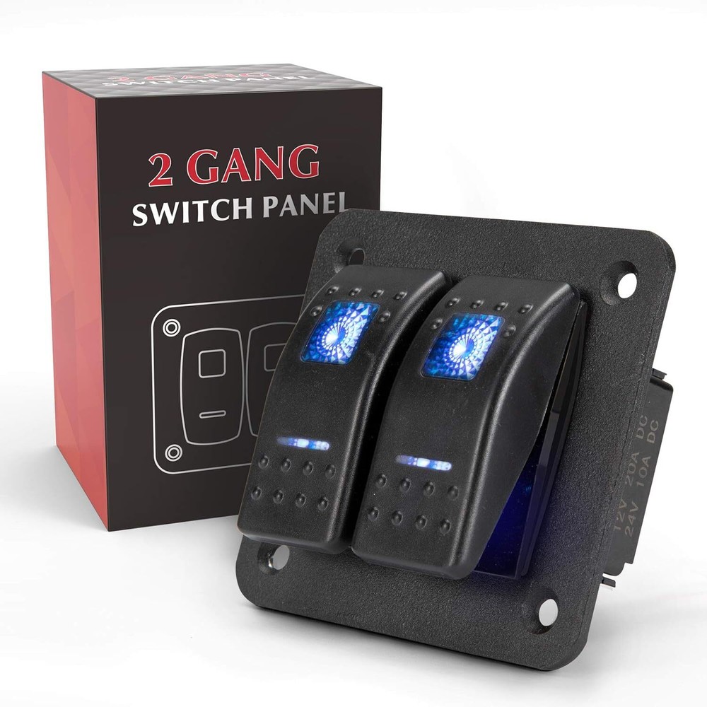 2 Gang Rocker Switch Aluminum Panel with Blue LED Light Waterproof 5 Pin