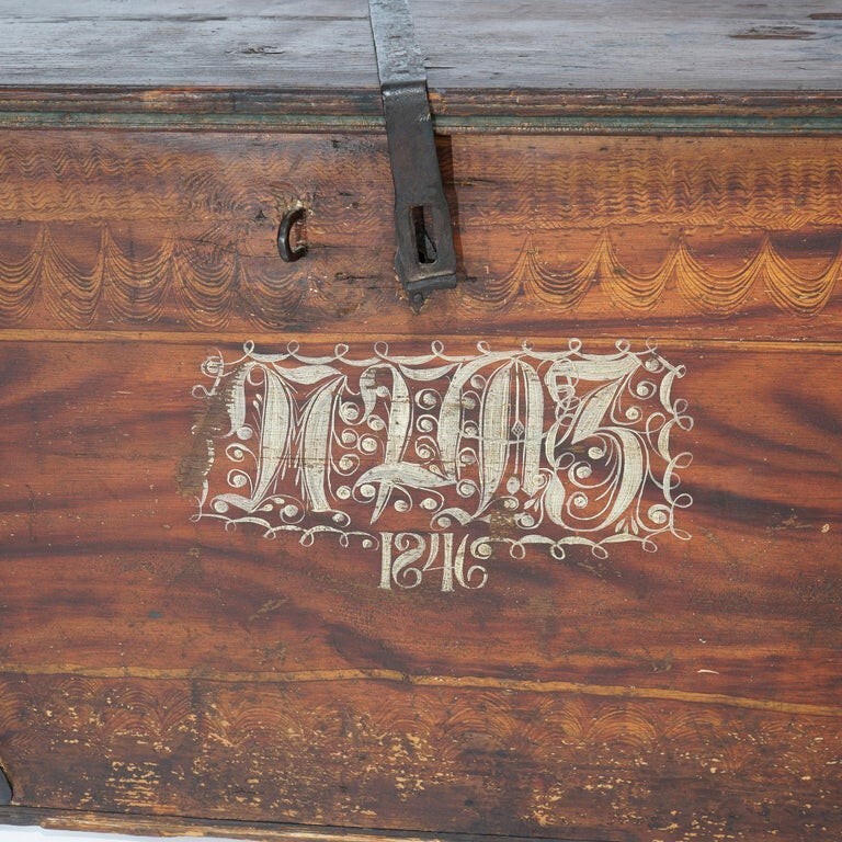 Folk Art Grain Painted Blanket Chest with Strap Hinges, Dated 1846