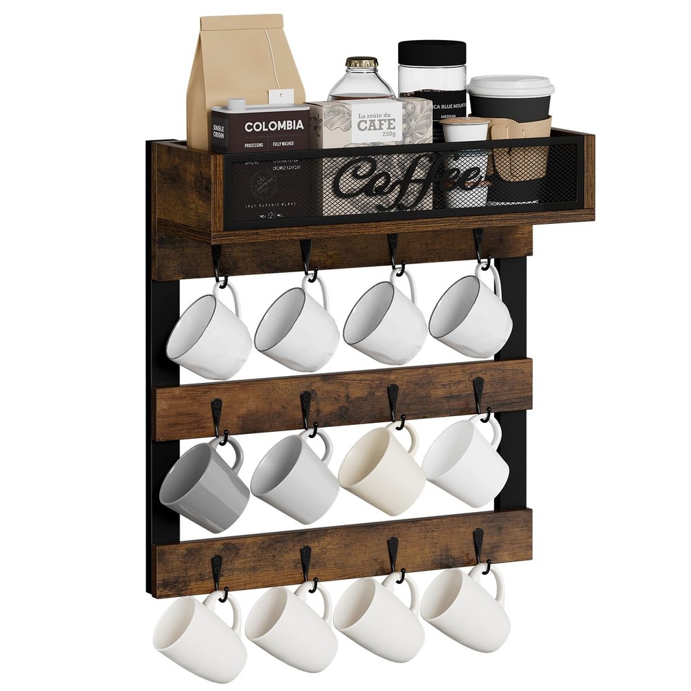 Coffee Mug Holder with 12 Hooks, Coffee Cup Holder Wall Mounted with Top Shel...