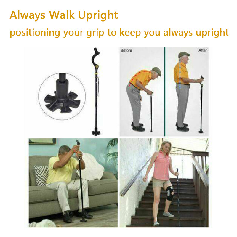 Straight Posture Cane Adjustable Height Safe Walking Stick Foldable Hiking Pole