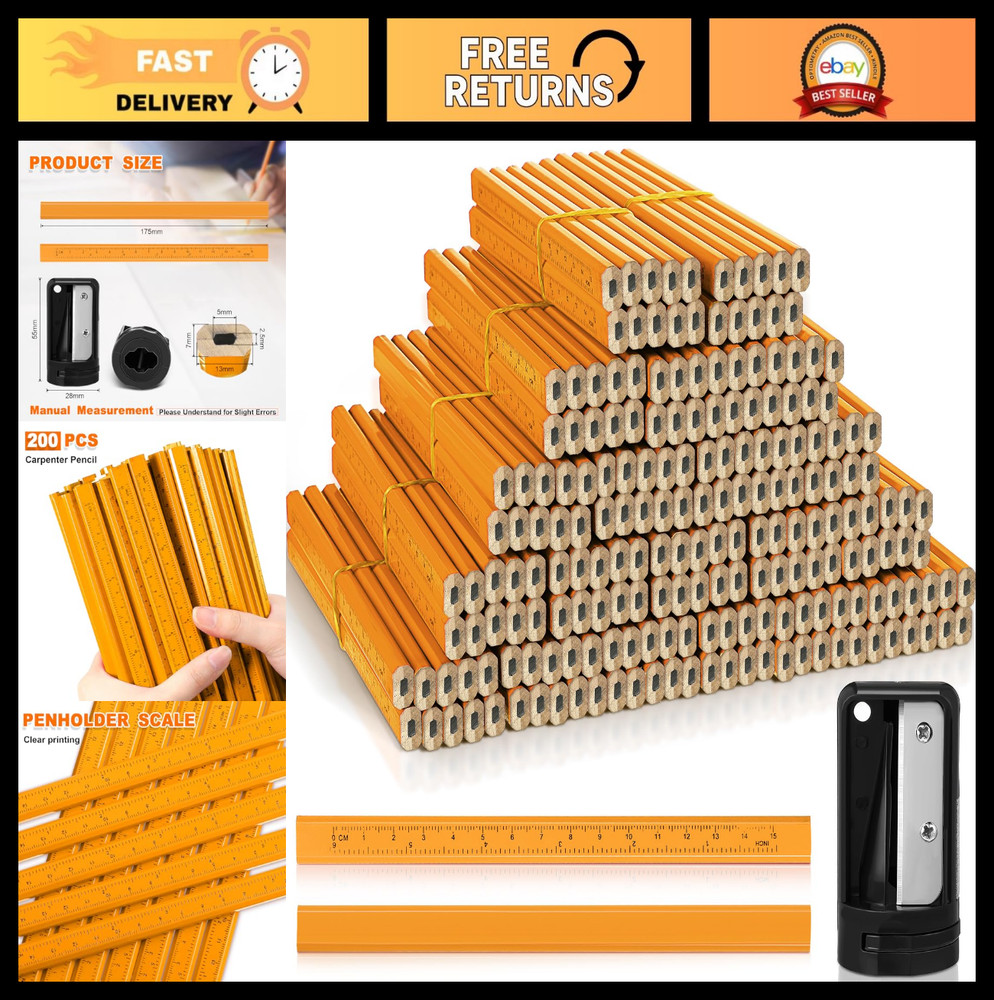 200 Pcs Flat Construction Pencils, Graphite Carpenter Pencils & Sharpener Set