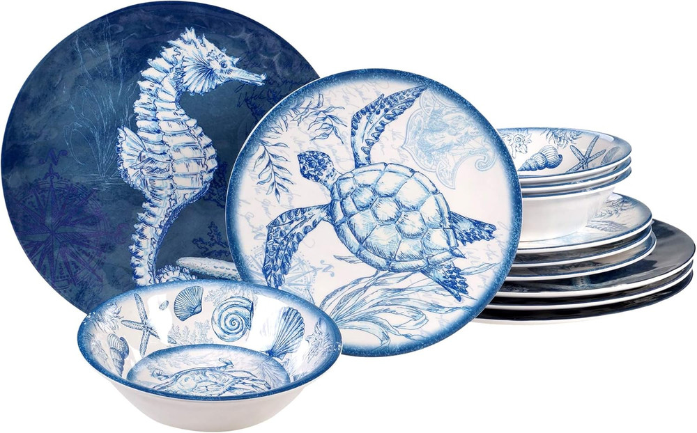 Oceanic 12 Piece Melamine Dinnerware Set, Service for 4, Multi Colored