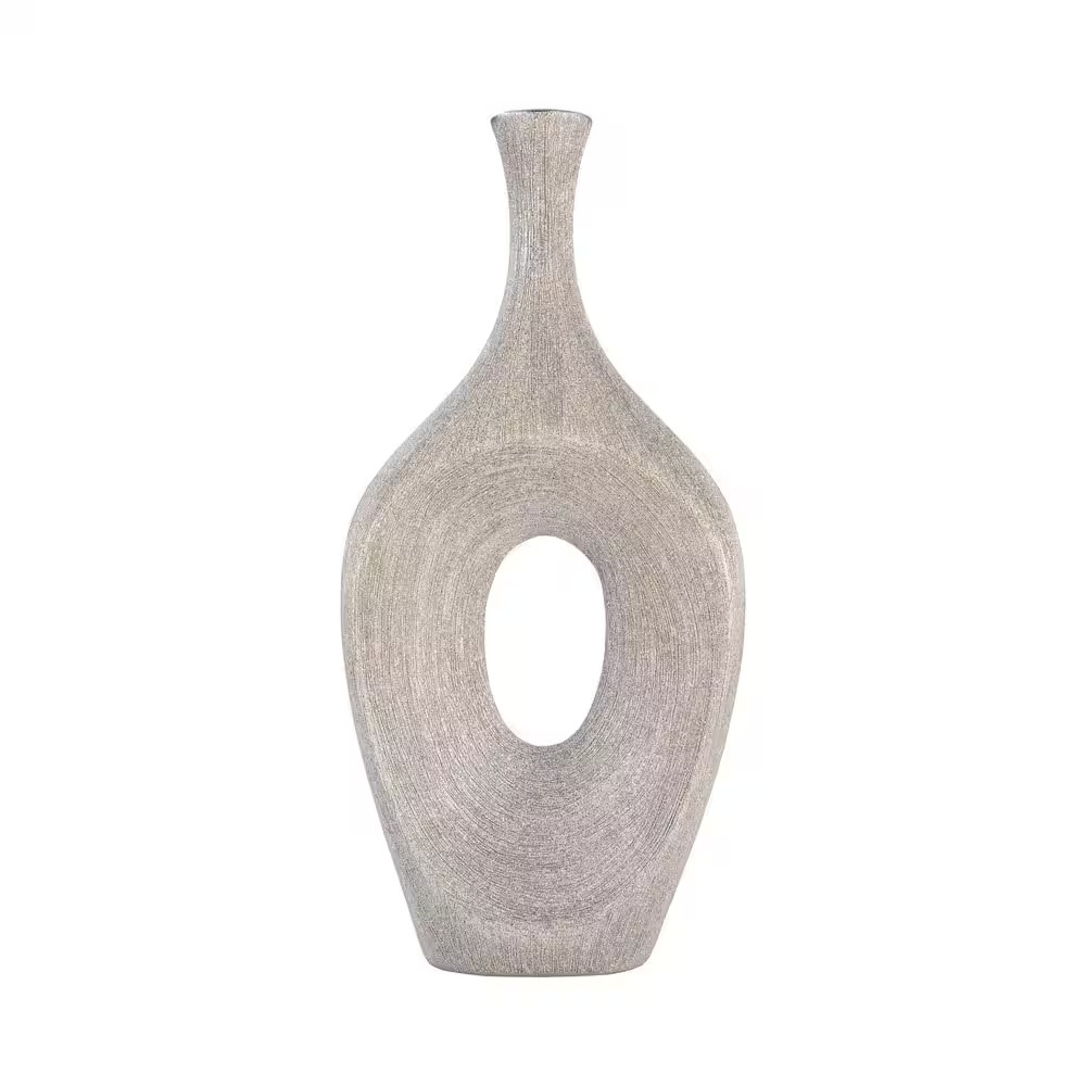 19 In. Silver Stoneware Beaded Open Cut Oval Decorative Vase