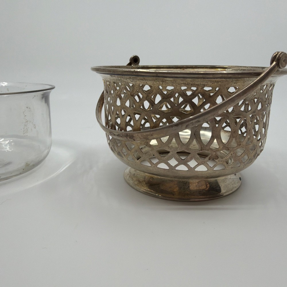 Sterling Silver Basket with Handle And Glass Insert