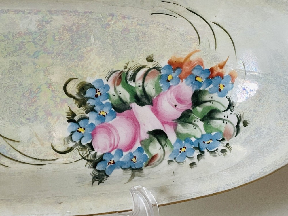 TK Czechoslovakia Hand Painted Lusterware Bread Celery Dish Iridescent Oval Dish