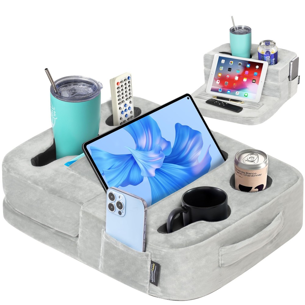TabCouchCaddy - Couch Cup Holder Tray Pillow - Bed, Caddy, Sofa, Grey