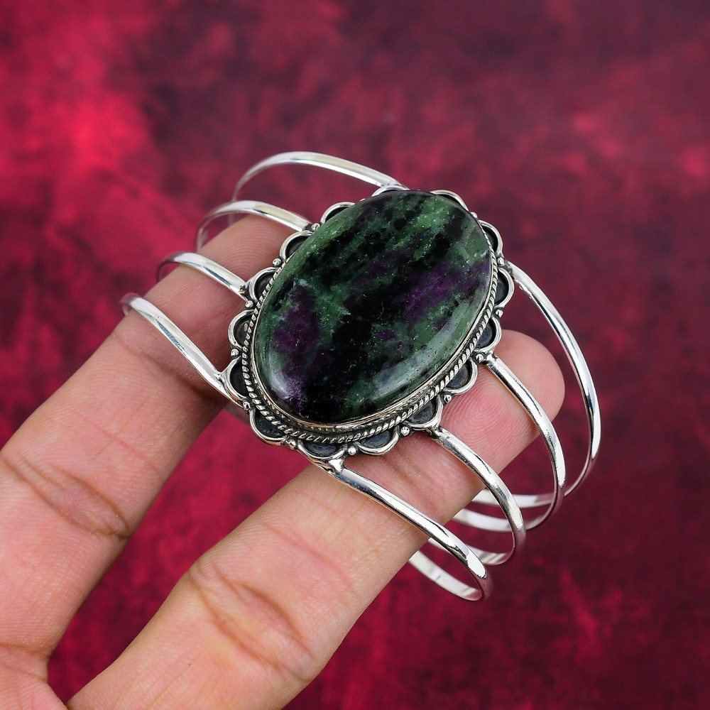 Ruby Zoisite Gemstone 925 Sterling Silver Handmade Adjustable Bangle Jewelry