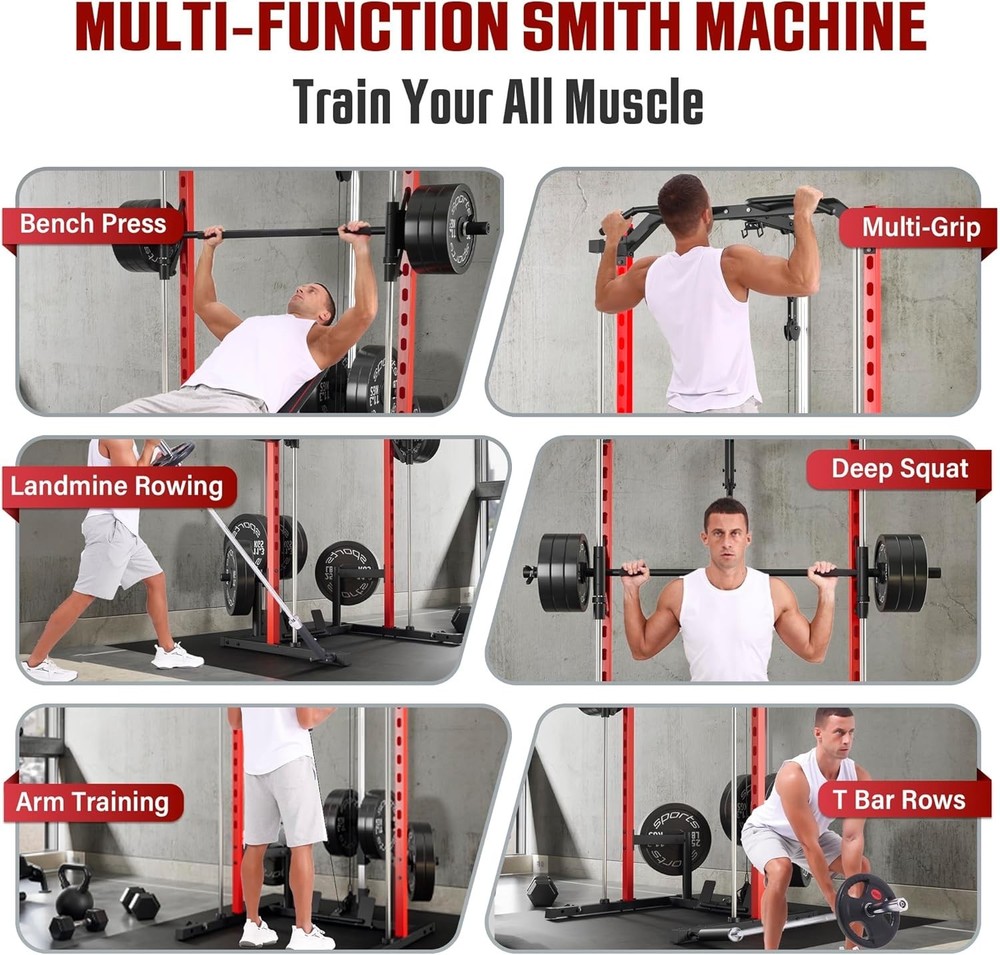 Smith Machine Squat Rack All-in-One Power Rack Cage with LAT-Pull Down System US