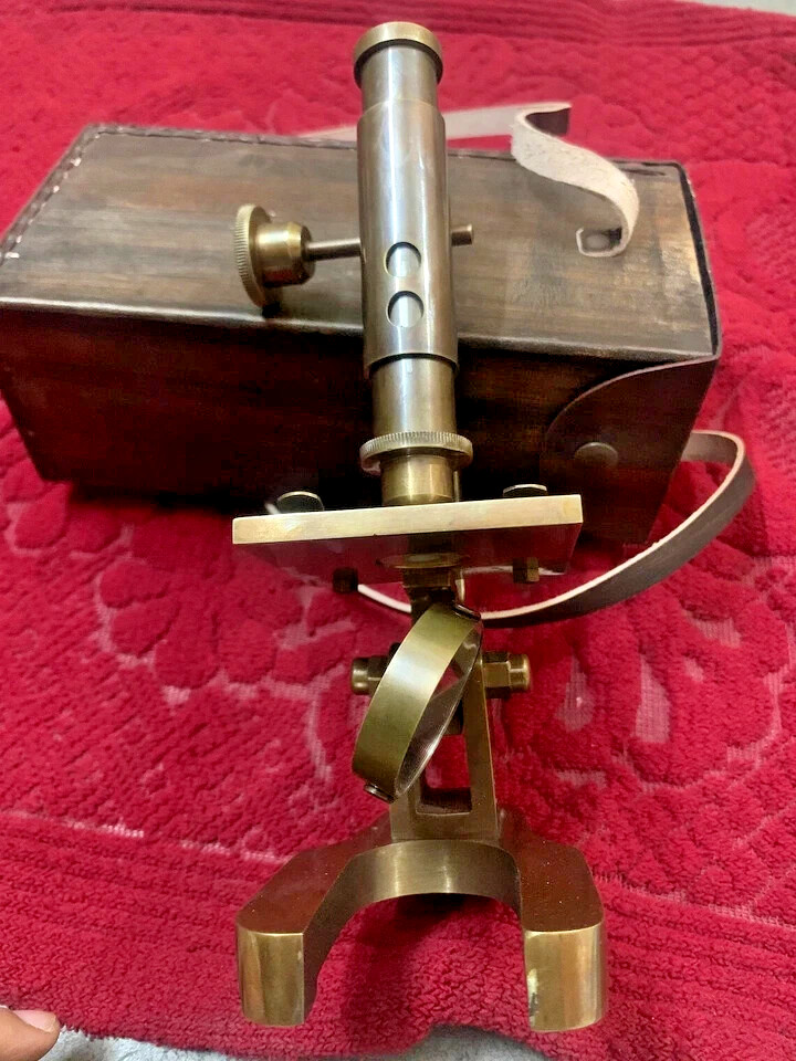Brass Microscope Student Microscope 7 Inch Antique Type With Leather Cover heave