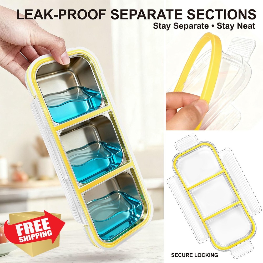 TagHann 3-Compartment Snack Lunch Box Yellow Stackable Leak-Proof