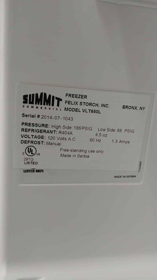 Summit Commercial Freezer Model VLT650L.