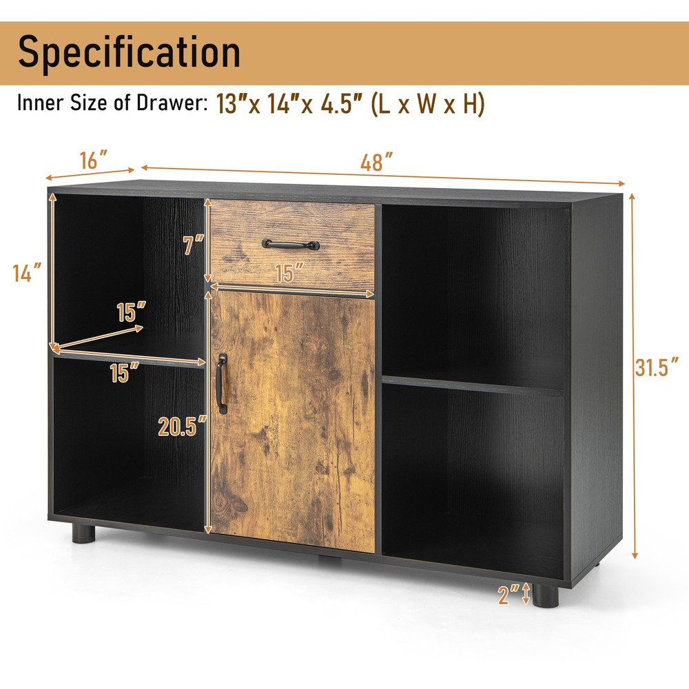 48" Industrial Buffet Sideboard, Kitchen Cupboard with 4 Open Cubbies