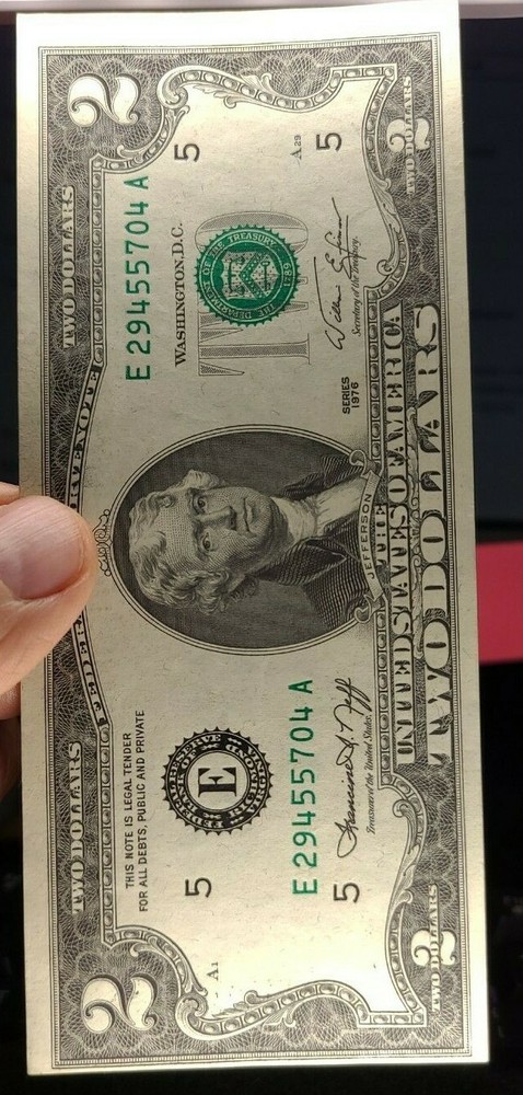 1976 $2 note alignment Shift over-inking error AU58 1 fold