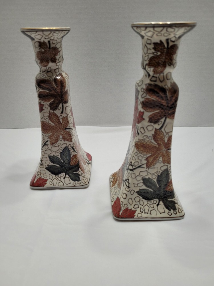 Vintage Hand Painted Fall Leaf Pattern Textured Candlestick Holder