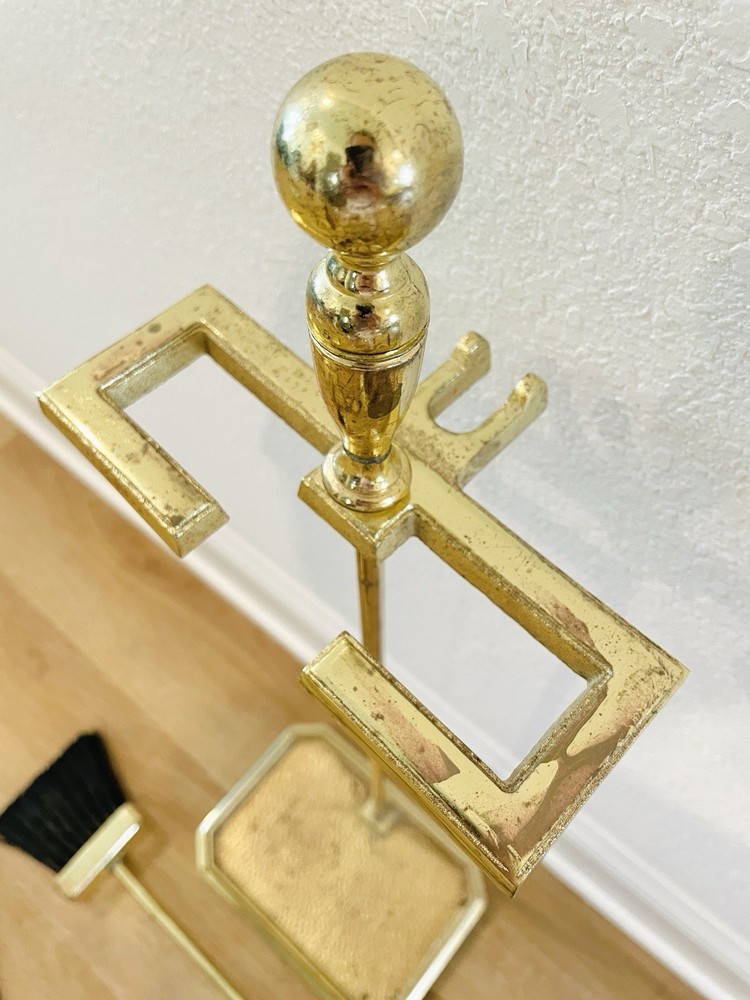 Vintage Brass/Cast Iron Heavy Solid 5-Piece Fireplace Tool & Stand Set