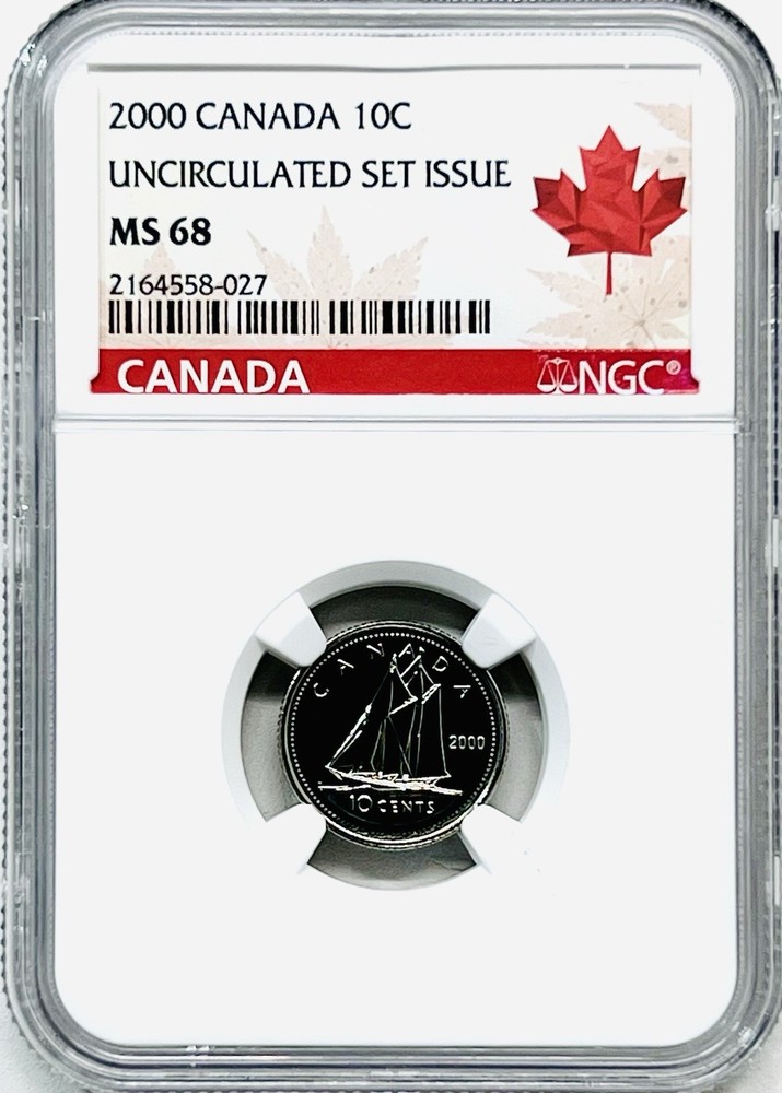 2000 NO 'W' MINT MARK CANADA 10 CENT NGC MS68 UNCIRCULATED DIME (POP=10)