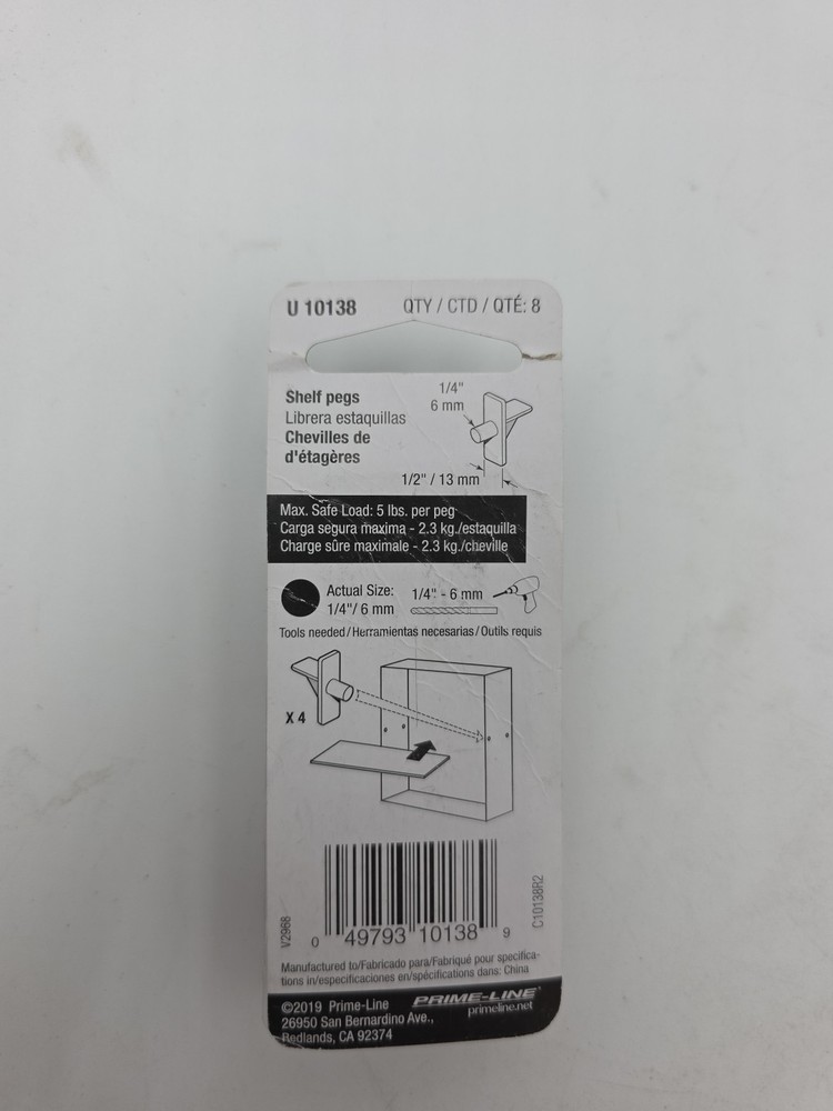 Prime-Line U 10138 Shelf Support Peg 1/4 In. Diameter White Plastic 8 Pack