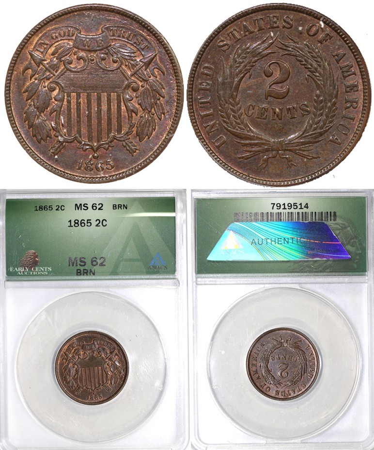 1865 2c Two Cent Piece ANACS MS 62 BN
