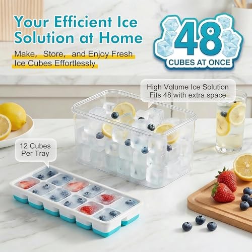 NFK Ice Cube Tray with Lid & Bin - 4 Pack 48 Cubes Stackable Silicone Blue