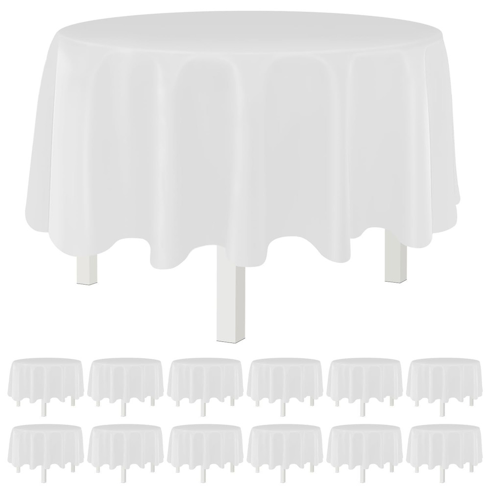 White 12 Pack Plastic Tablecloths 84" Disposable Round Table Cloth Plastic Ta...