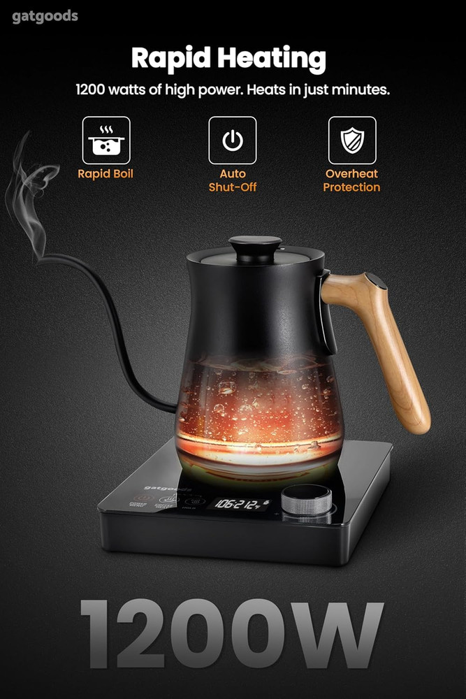 Electric Gooseneck Kettle – Precise Temperature Control, 1200W Fast Boil, Keep W