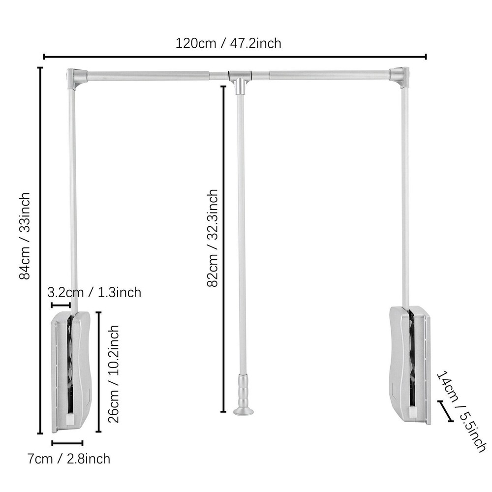 Pull Down Adjustable Side Mounted Closet Rod Clothes Hanging Rod 10 Kg/ 22lbs