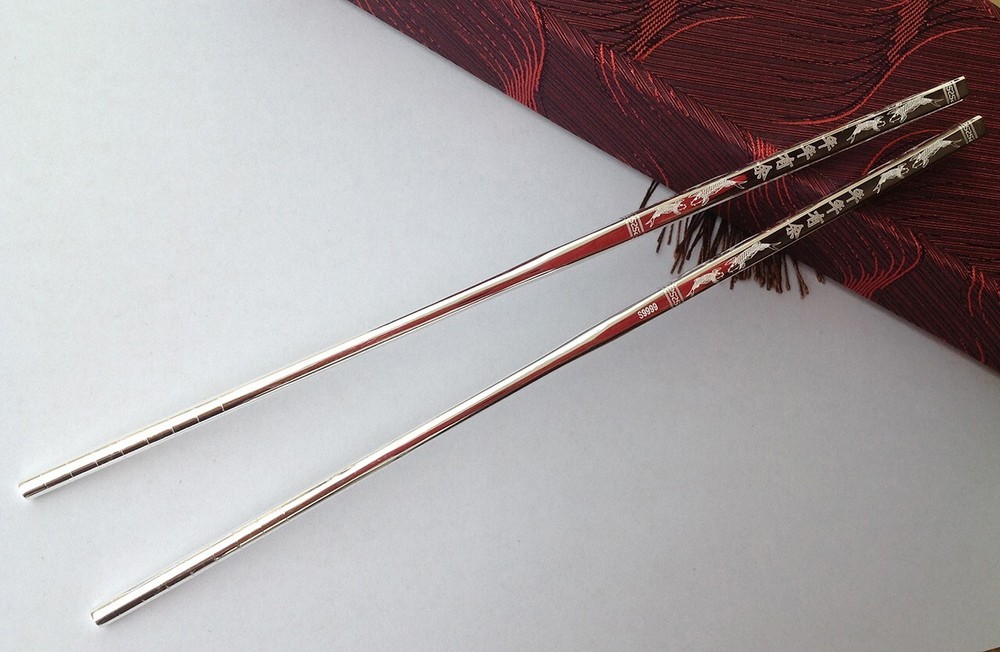 Chinese Authentic Sterling Silver 70g Home Tableware Solid Chopsticks 年年有余(鱼)