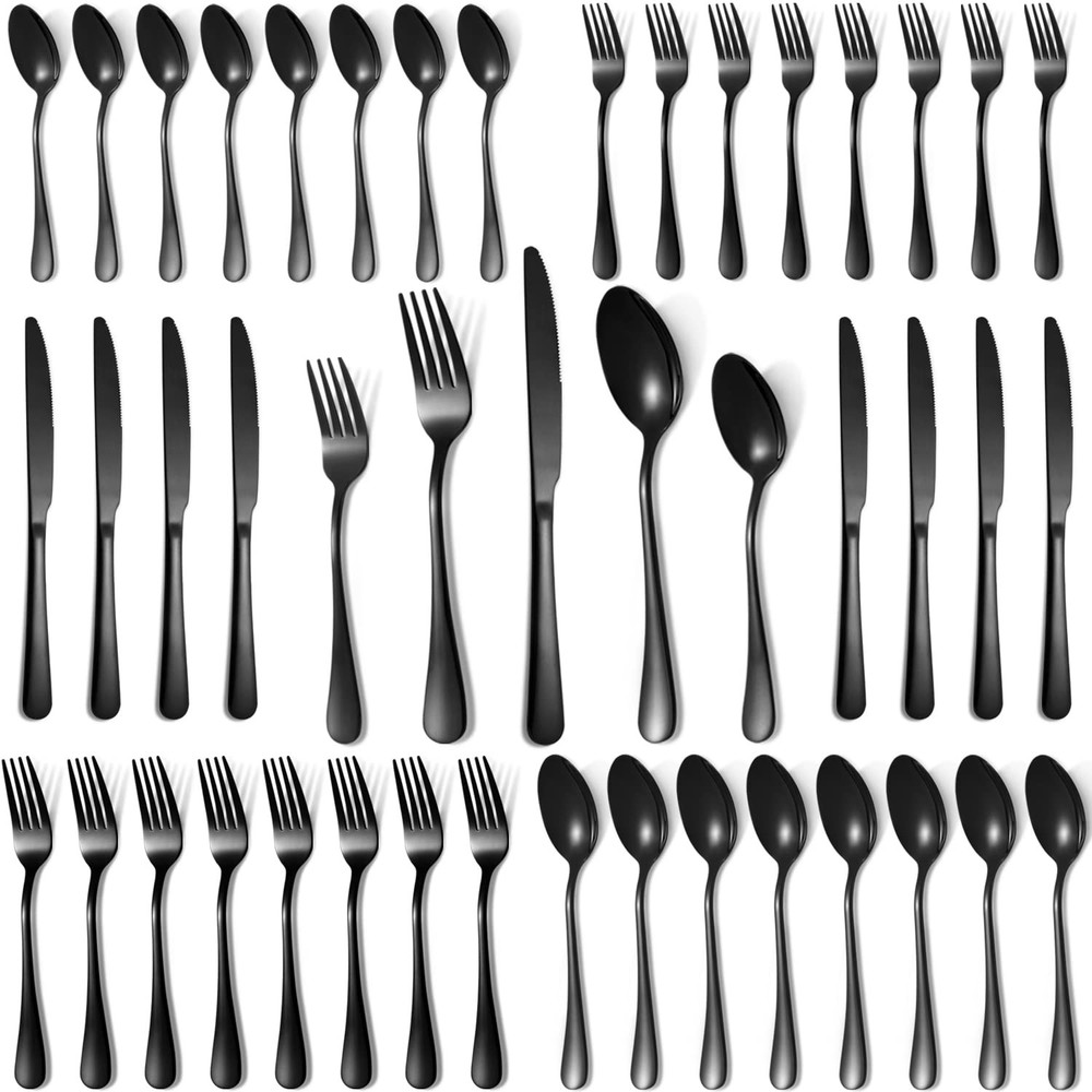 40 Pcs Black Silverware Set for 8, Mirror Polished Flatware Set Stainless Ste...