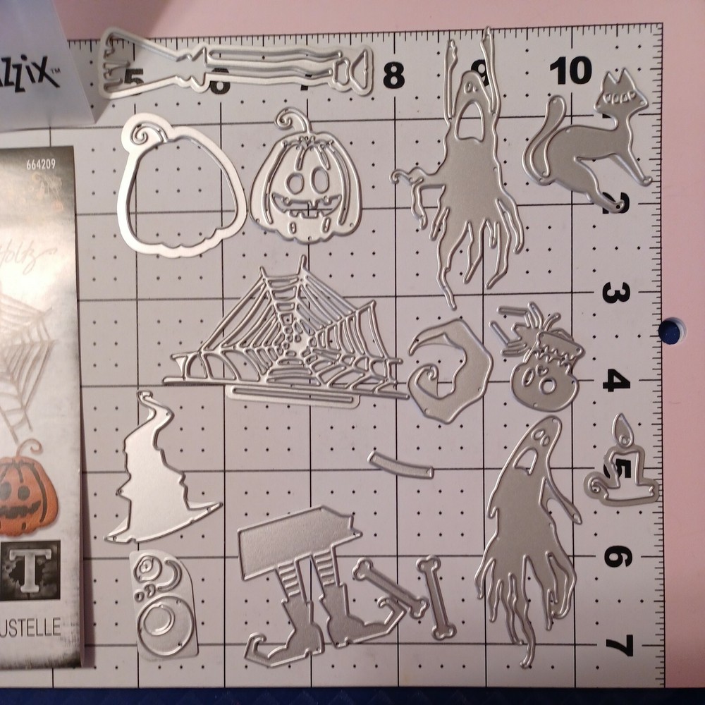 Tim Holtz Universal Thinlits Frightful ghost spider web cat witch hat feet candl