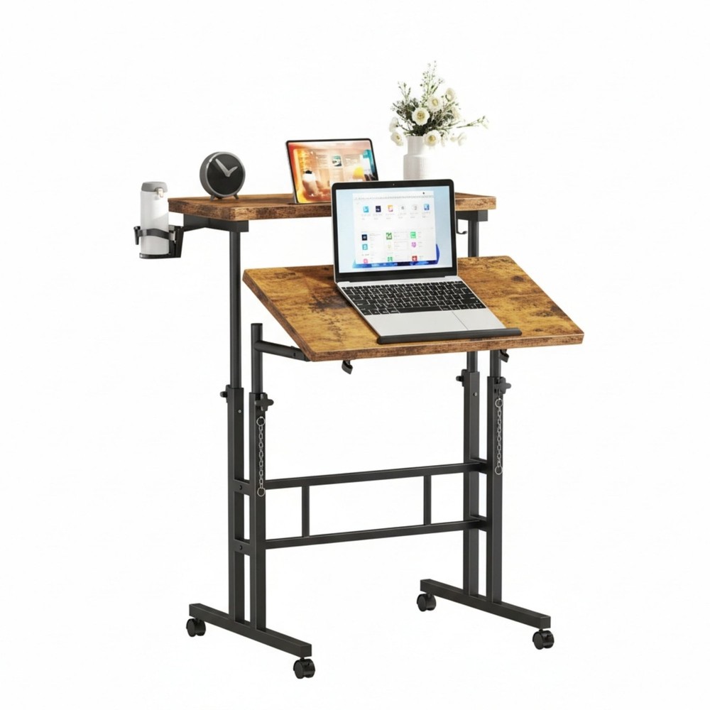 Dual Desktop Height Adjust Rolling Desk w/Cup Holder&Hook,Stand Computer Table