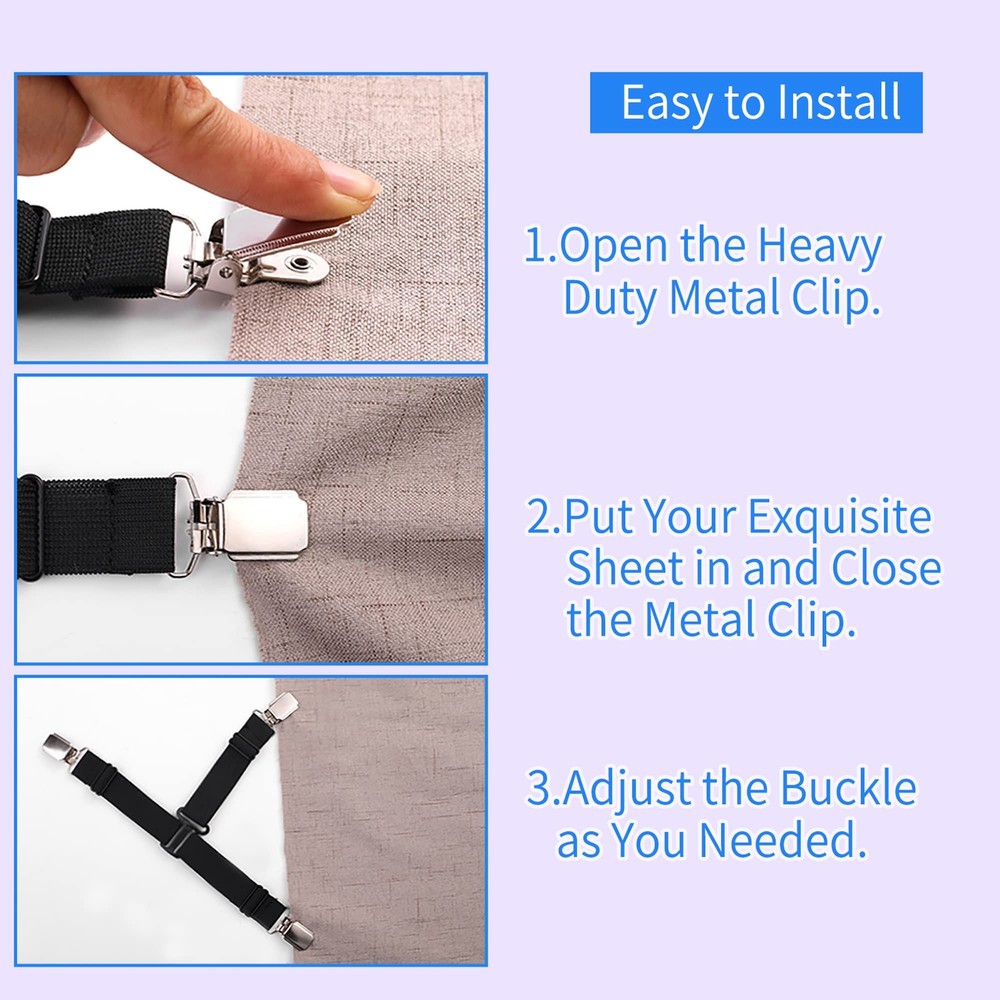 Sheet Straps Bed Clips Suspender Grips Adjustable Fasteners 4-Pack Black