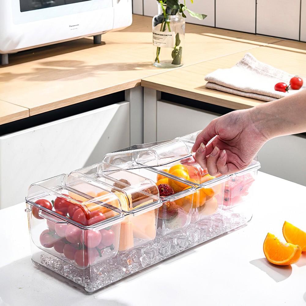 Ice Chilled Condiment Caddy, Condiment Server with Separate Lids Keep Fresh