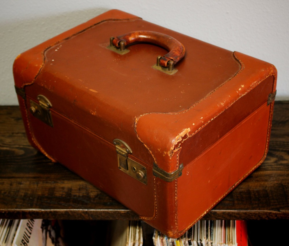 Antique Midcentury Chestnut Leather Mirror Trunk, Working Latches, Straps Inside