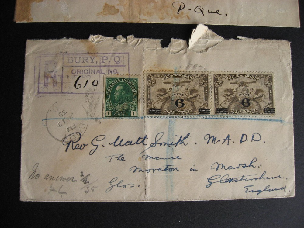 Canada 2 damaged registered covers Bury QC
