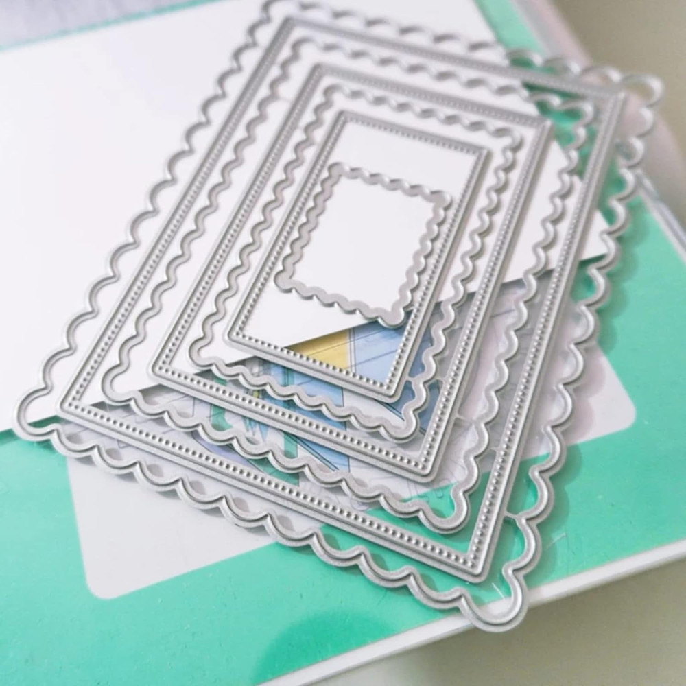 7Pcs/Set Rectangle Frame Metal Die Cuts, Scallops Stitched Nesting Tag Backgroun