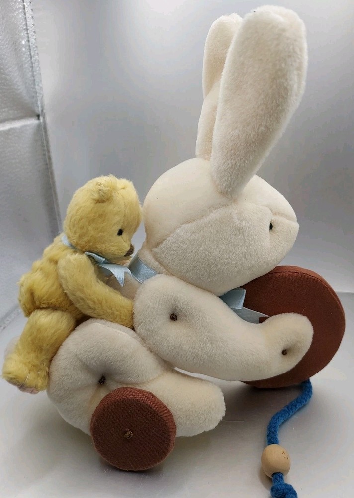 PULL-A-LONG PLUSH Bunny & Bear On Wheels PULL TOY 1998 Enesco Cherished Teddies