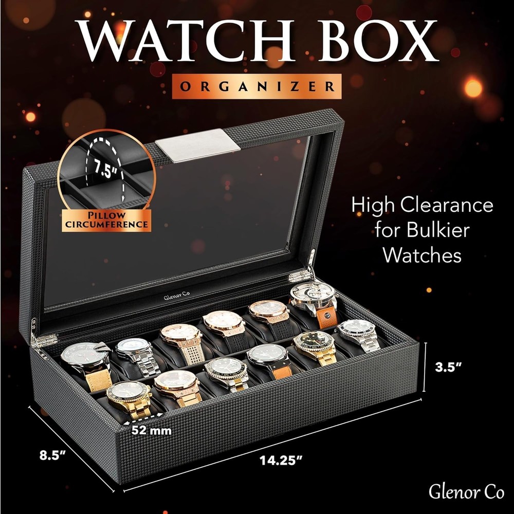 Black Rectangular Watch Case for 12 Timepieces, Luxurious Design and Finish