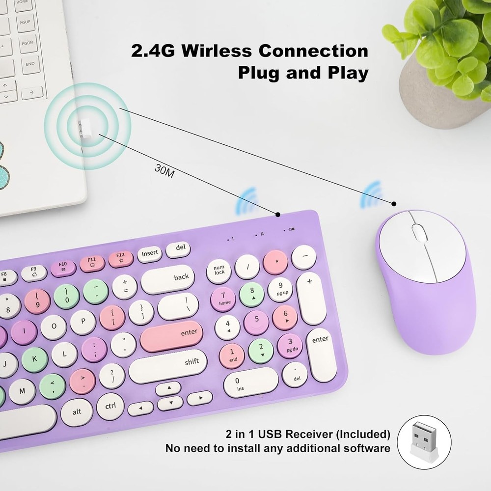 Wireless Keyboard and Mouse Combo, Retro Typewriter Keyboard with Round Keycaps