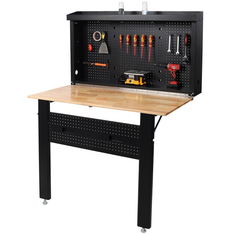 Foldable Steel Wall Mounted Workbench Rubberwood Work Surface for Tool Storage