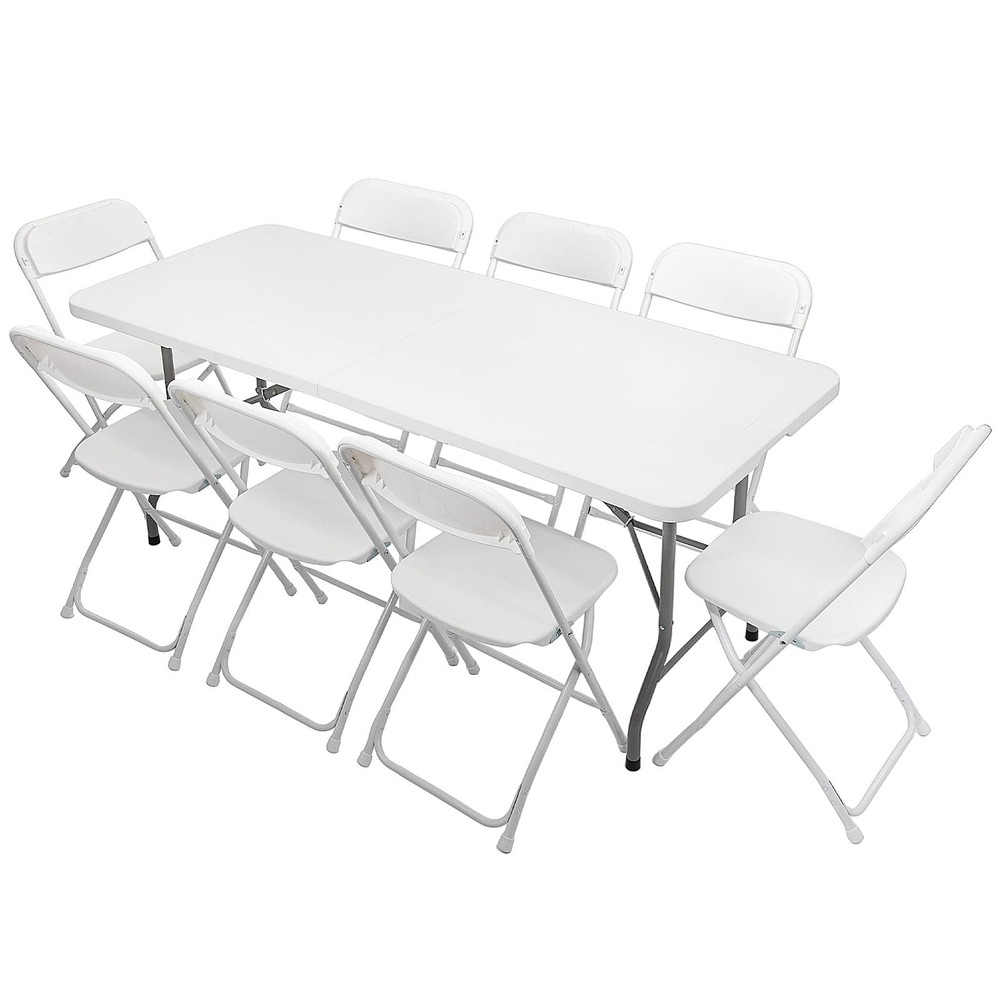 6 FT Plastic Folding Table Set with 8 White Folding Chairs for Picnic