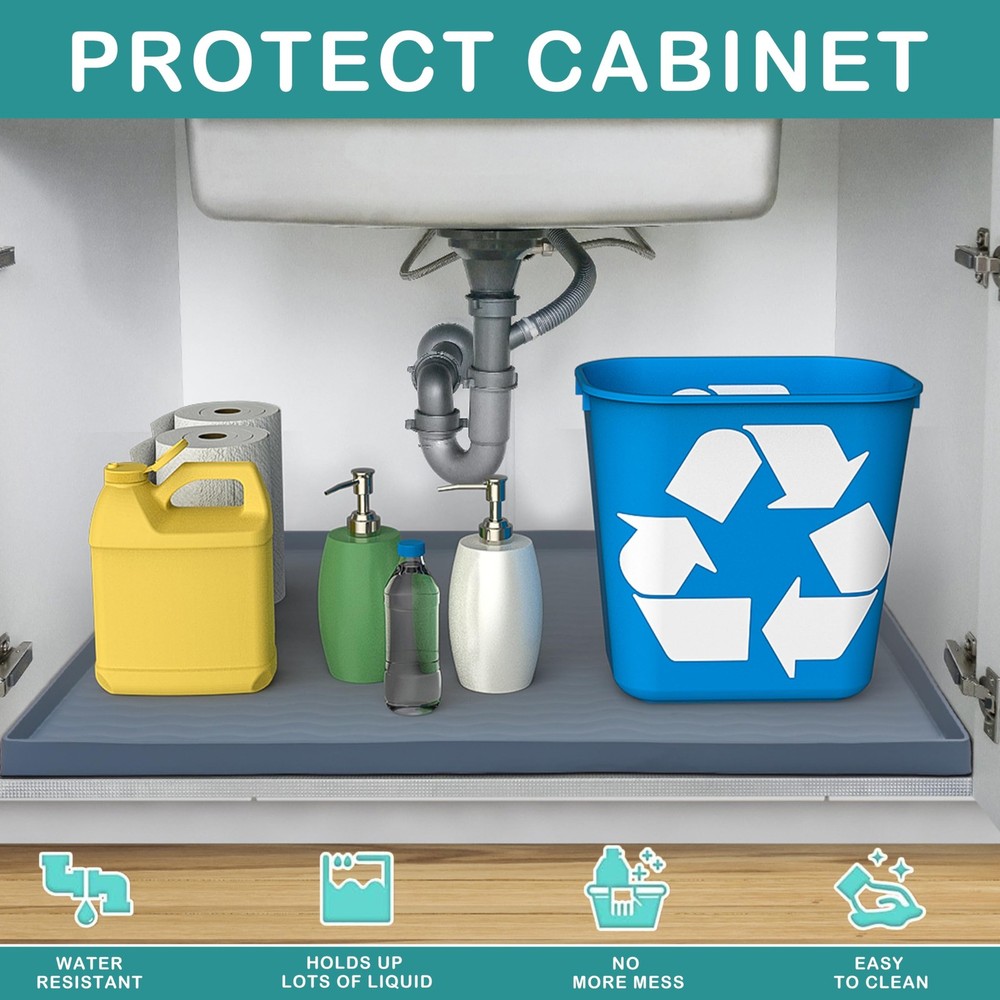 Waterproof Silicone Under Sink Mat 31'' x 22'' Shelf Liner for Kitchen Dark Grey