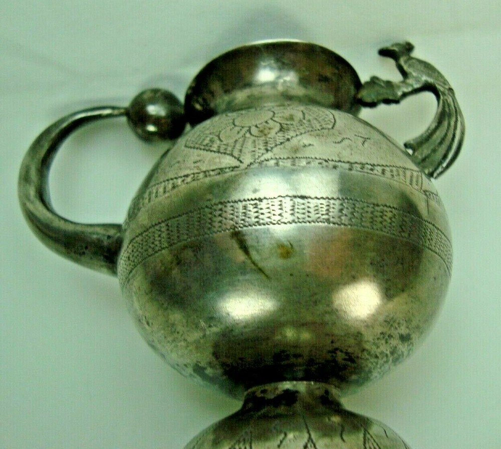 ANTIQUE SOUTH AMERICAN SOLID SILVER YERBA MATE TEA CUP WITH BIRD HANDLE
