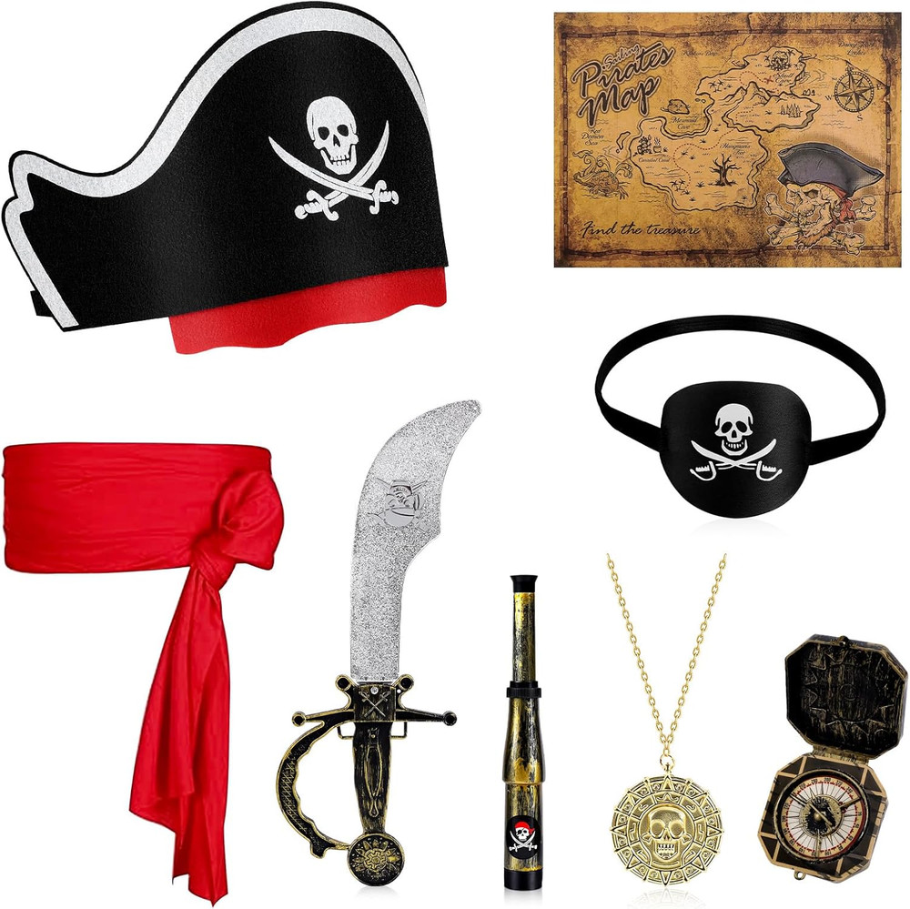 8 Pcs Pirate Costume Accessories Set Include Pirate Hat Headband Eye Patch Binoc